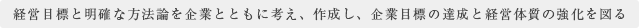 経営目標と明確な方法論を企業とともに考え、作成し、企業目標の達成と経営体質の強化を図る